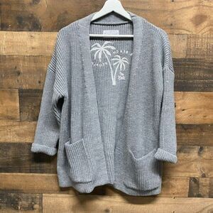 The Beach People Women Gray Cardigan XS/S Embroidered Open Front Pockets